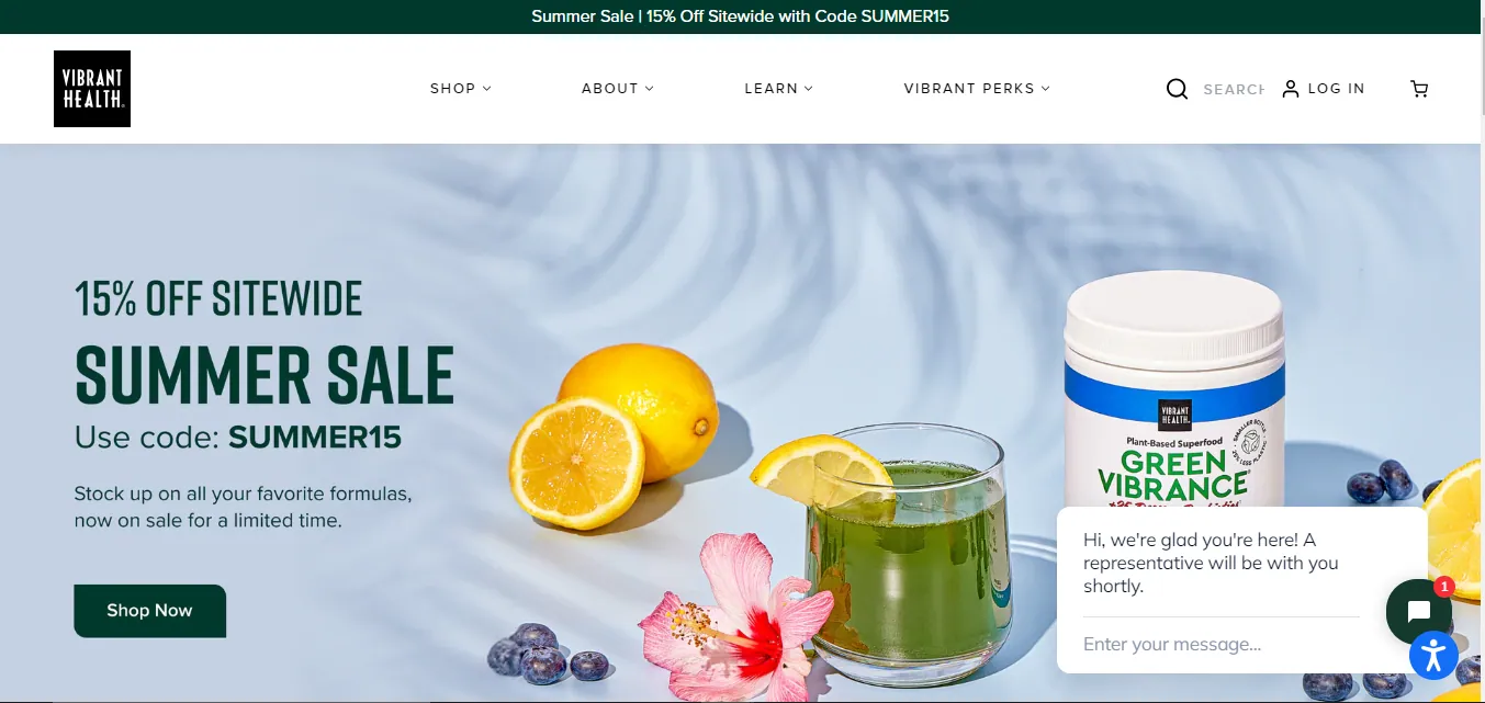Vibrant Health homepage with a Green Vibrance jar and summer sale